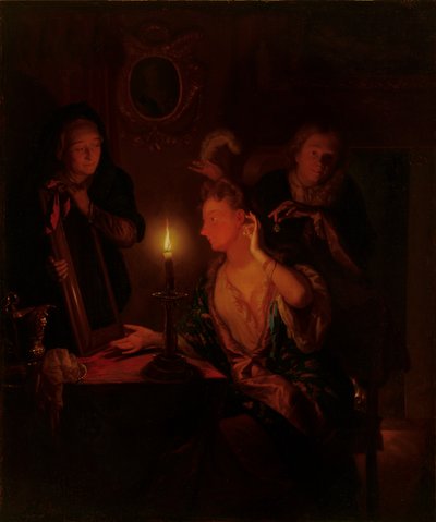 キャンドルライトによって鏡で女性 作： Godfried Schalcken